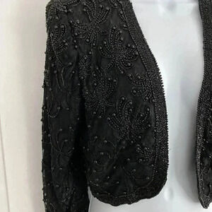 Scala Womens Medium Vintage Lace Beaded Floral Open Jacket Black Beaded